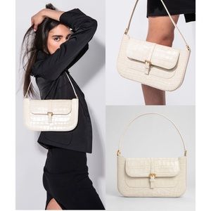 By Far Miranda Inspired Croco Embossed Leather Shoulder Bag Cream